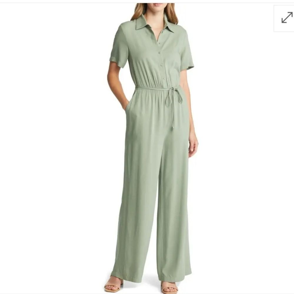 Caslon Tie Waist Jumpsuit In Green Size Large